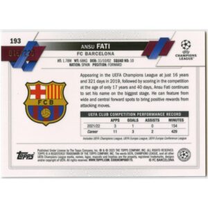 TOPPS CHROME 2022-23 ANSU FATI #193 BARCELONA NIGHT VISION RAY WAVE /225