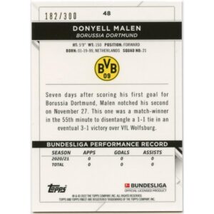 TOPPS FINEST BUNDESLIGA 2021-22 DONYELL MALEN #48 DORTMUND PINK WAVE REFRACTOR /300