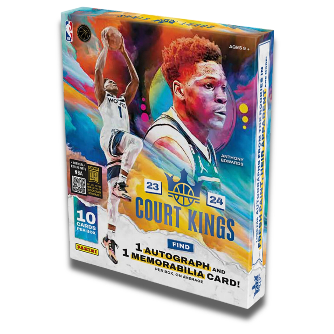 2023-24 Panini Court Kings basketball trading card box featuring Anthony Edwards, includes 10 cards per box, with 1 autograph and 1 memorabilia card on average