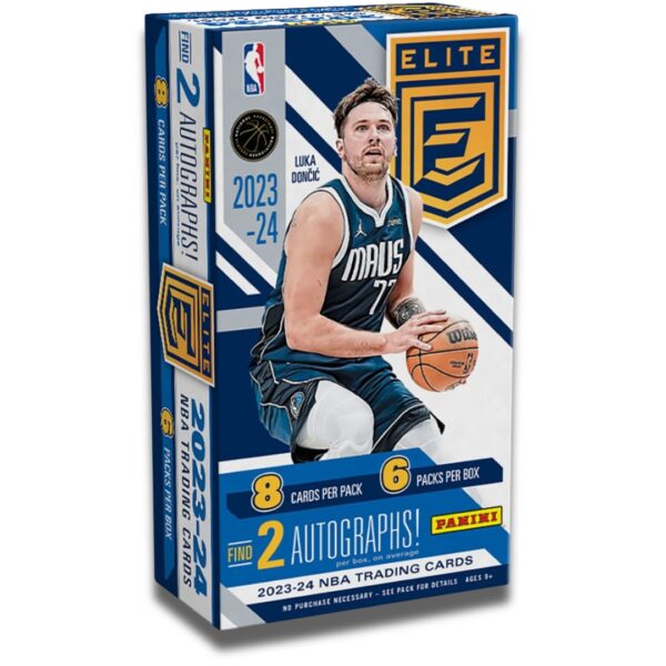 2023-24 Panini Elite NBA trading card box featuring Luka Dončić, 8 cards per pack, 6 packs per box, includes 2 autographs on average