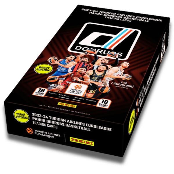 2023-24 Panini Donruss Turkish Airlines EuroLeague basketball trading card box, debut edition, featuring 18 packs with 10 cards per pack, includes 1 autograph per box