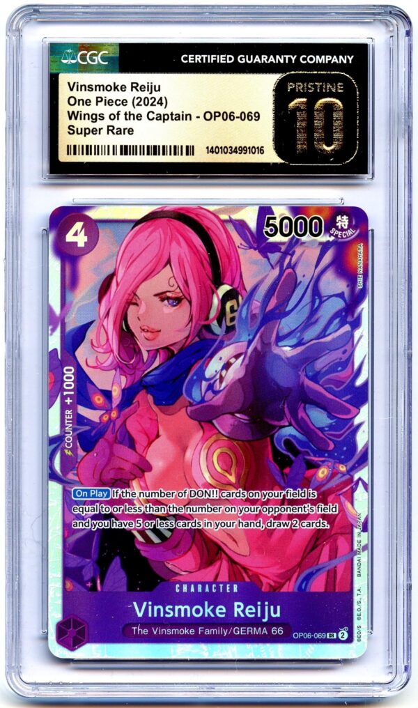 One Piece Wings of the Captain OP06-069 Vinsmoke Reiju Super Rare card, CGC 10 Gem Mint, with pink hair and purple armor