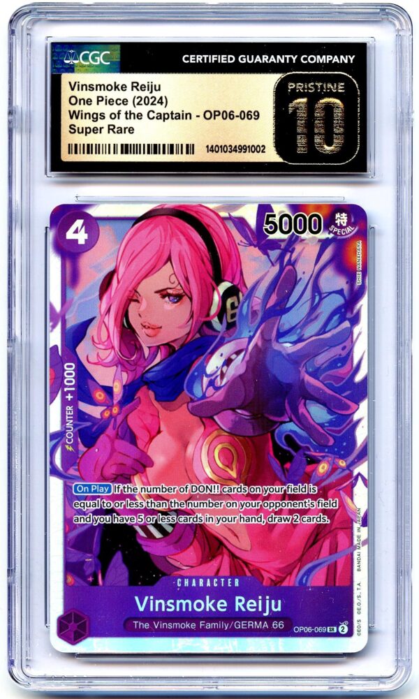 One Piece Wings of the Captain OP06-069 Vinsmoke Reiju Super Rare card, CGC 10 Gem Mint, with pink hair and purple armor