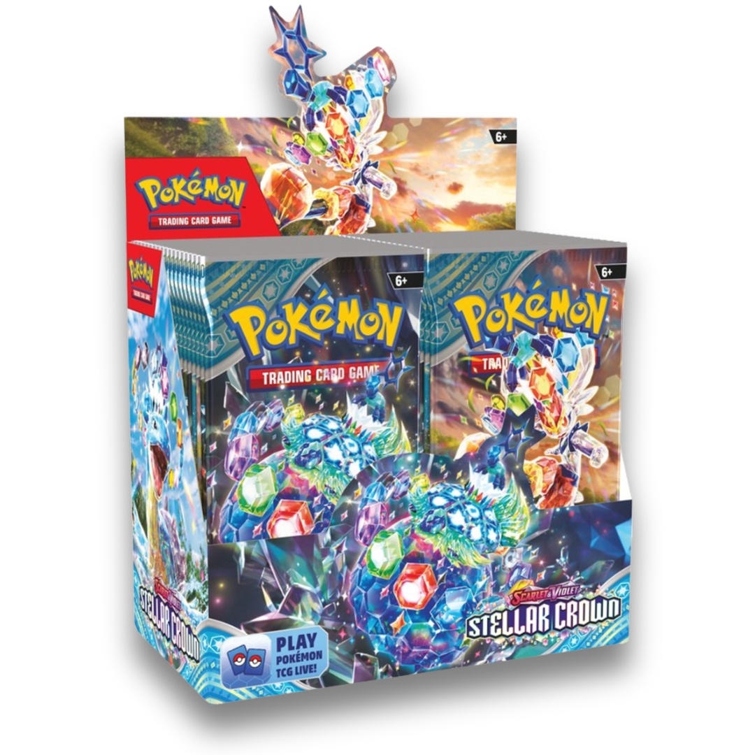 Pokémon TCG Scarlet & Violet Stellar Crown, που περιλαμβάνει κάρτες από το παιχνίδι συλλογής καρτών Pokémon Trading Card Game με θεματική από την έκδοση Stellar Crown, κατάλληλο για ηλικίες 6 και άνω.