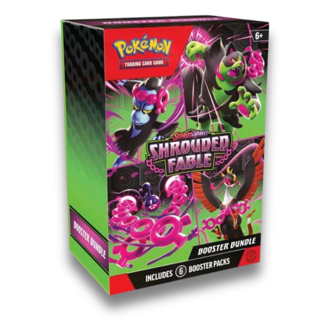 Pokémon Trading Card Game Scarlet & Violet: Shrouded Fable Booster Bundle. Στο μπροστινό μέρος της συσκευασίας απεικονίζονται διάφορα Pokémon σε έντονα, φουτουριστικά χρώματα με κυρίαρχο το πράσινο, ροζ και μαύρο. Το λογότυπο Pokémon βρίσκεται στο επάνω μέρος της συσκευασίας με έντονα κίτρινα γράμματα, και κάτω από αυτό αναγράφεται 'Scarlet & Violet Shrouded Fable'. Το προϊόν περιέχει 6 booster packs και είναι κατάλληλο για ηλικίες 6 και άνω.