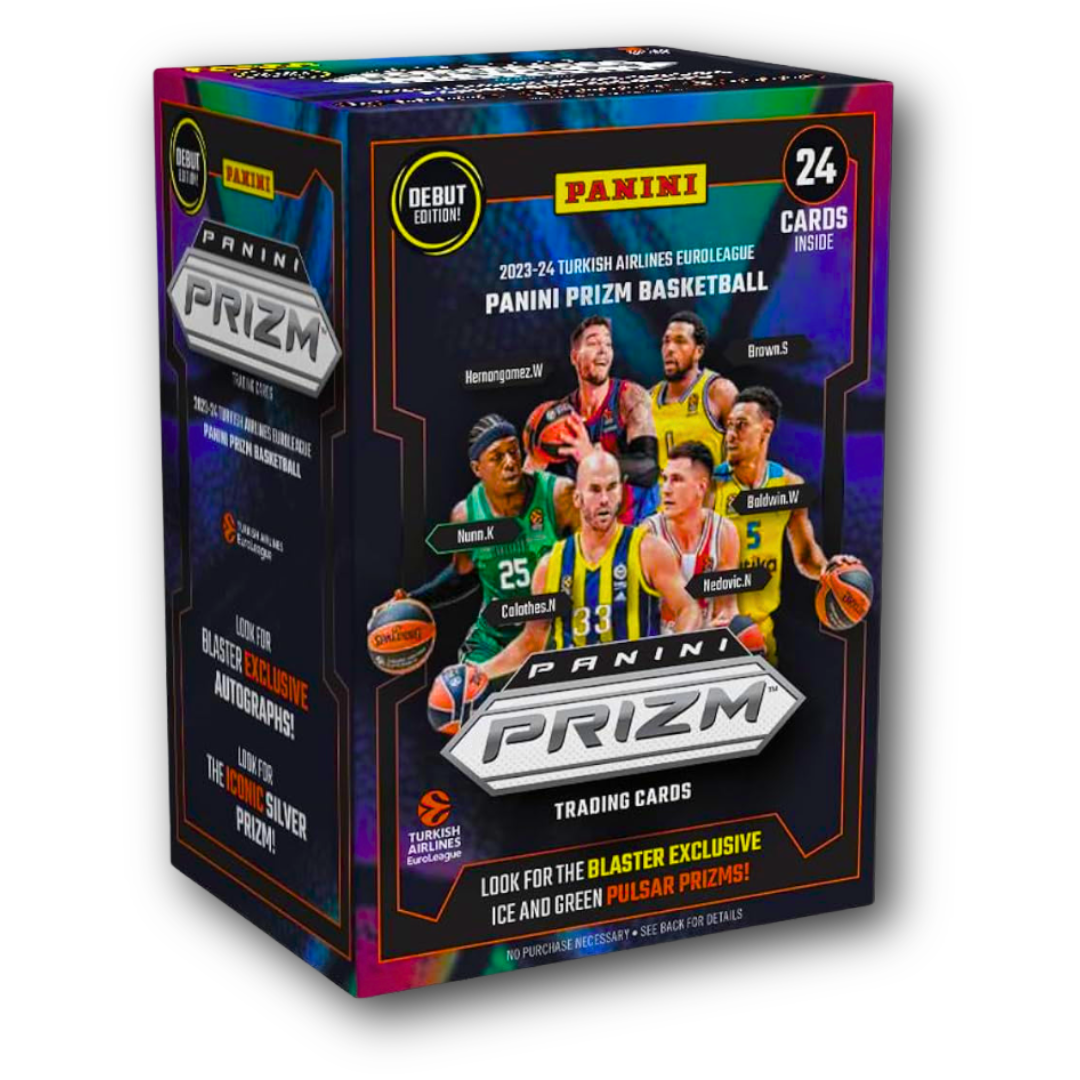 Panini Prizm EuroLeague 2023-24 Blaster Box με 24 κάρτες, συμπεριλαμβανομένων των παικτών της EuroLeague, όπως ο Nunn, ο Calathes, και άλλοι. Η συσκευασία περιλαμβάνει αποκλειστικές κάρτες Ice και Green Pulsar Prizm, ιδανικές για συλλέκτες καρτών μπάσκετ.