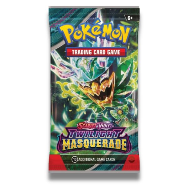 booster pack Pokémon Scarlet & Violet: Twilight Masquerade με ζωντανά και κρυσταλλικά γραφικά, εμφανίζοντας πολύχρωμα σχέδια από χαρακτήρες Pokémon. Το booster pack είναι μέρος της σειράς Pokémon Trading Card Game και περιέχει 10 επιπλέον κάρτες παιχνιδιού, ιδανικό για συλλέκτες και λάτρεις του παιχνιδιού που θέλουν να αναβαθμίσουν τη συλλογή τους με νέες κάρτες και εντυπωσιακά σχέδια.