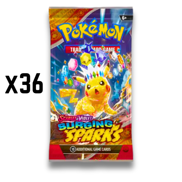 Pokémon Trading Card Game Scarlet & Violet: Surging Sparks booster pack με έντονα γραφικά που απεικονίζουν ένα Pikachu καλυμμένο από πολύχρωμους κρυστάλλους. Το booster pack περιέχει 10 επιπλέον κάρτες παιχνιδιού. Στην αριστερή πλευρά της εικόνας υπάρχει η ένδειξη 'x36'