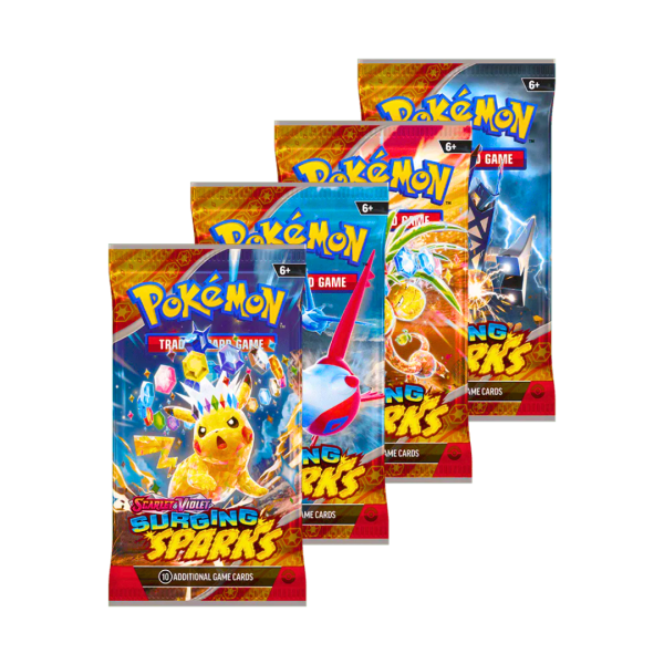 Pokémon Trading Card Game Scarlet & Violet: Surging Sparks booster box. Στο μπροστινό μέρος της συσκευασίας απεικονίζονται πολύχρωμα γραφικά, με ένα Pikachu καλυμμένο από λαμπερούς κρυστάλλους. Πάνω από το κουτί υπάρχει μια φιγούρα Pokémon με φωτεινούς κρυστάλλους και χρυσά φύλλα. Το λογότυπο Pokémon εμφανίζεται στην κορυφή, ενώ το booster box περιέχει booster packs της σειράς Surging Sparks και είναι κατάλληλο για ηλικίες 6 και άνω.