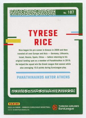 2023-24 Panini Donruss Euroleague Tyrese Rice #187 Legends Panathinaikos